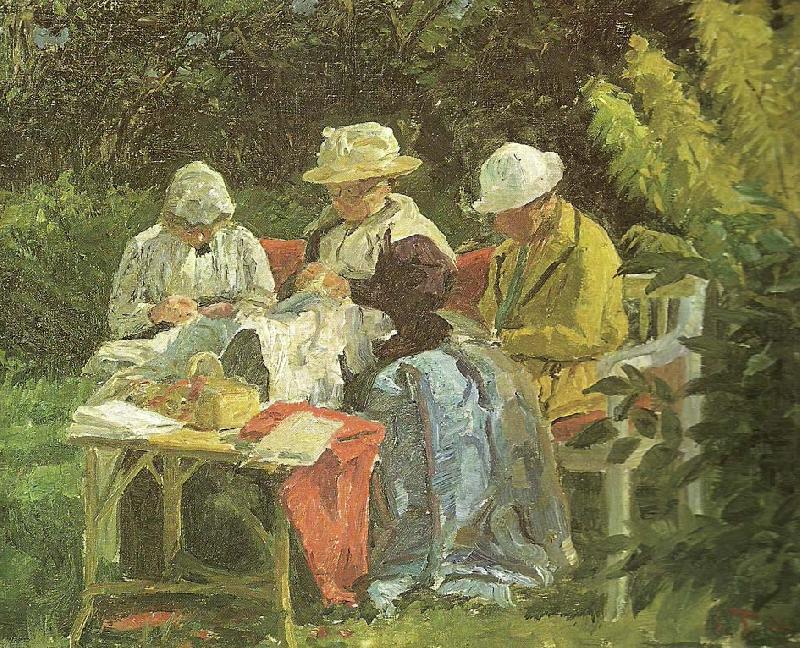 kunstnerens anden hustru med nina og yvonne i haven pa skagen, Laurits Tuxen